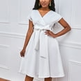 thumbnail image 3 of AherBiu Robes Formelles pour Femmes Manches Courtes Col en V Ceinturé Taille Froncée Soirée Cocktail, 3 of 7