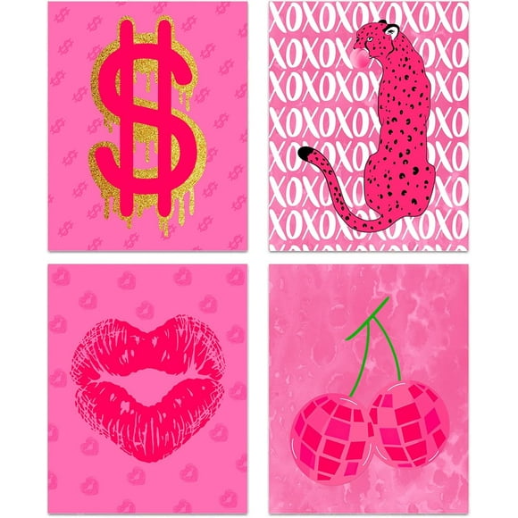 Fashion Wall Art Preppy Room Decor, Money Cheetah Leopard Red Lips Canvas Art Prints, Aesthetic Posters for Teen Girls Bedroom College Dorm Set of 4, 8x10 Inches Unframed