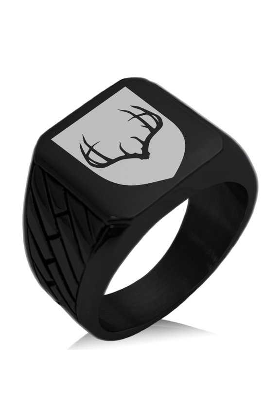 Stainless Steel Antlers Fortitude Coat of Arms Shield Geometric Pattern Biker Style Polished Ring