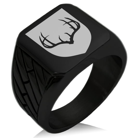 Stainless Steel Antlers Fortitude Coat of Arms Shield Geometric Pattern Biker Style Polished Ring