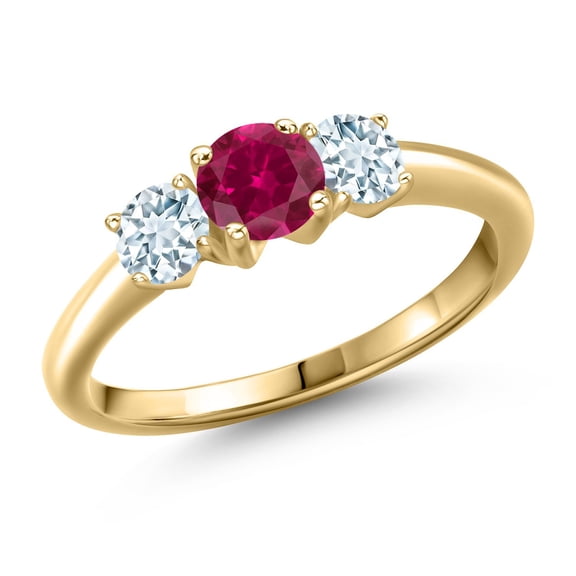Gem Stone King 10K Yellow Gold Red Created Ruby and Sky Blue Aquamarine Engagement Ring for Women | 1.10 Cttw | Round 5MM | Gemstone July Birthstone | Size 8