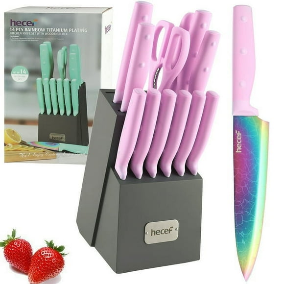 Hecef 14-Piece Kitchen Knife Set with Wooden Block Rainbow Blades, Dishwasher Safe Titanium Coating Chef Knife Set