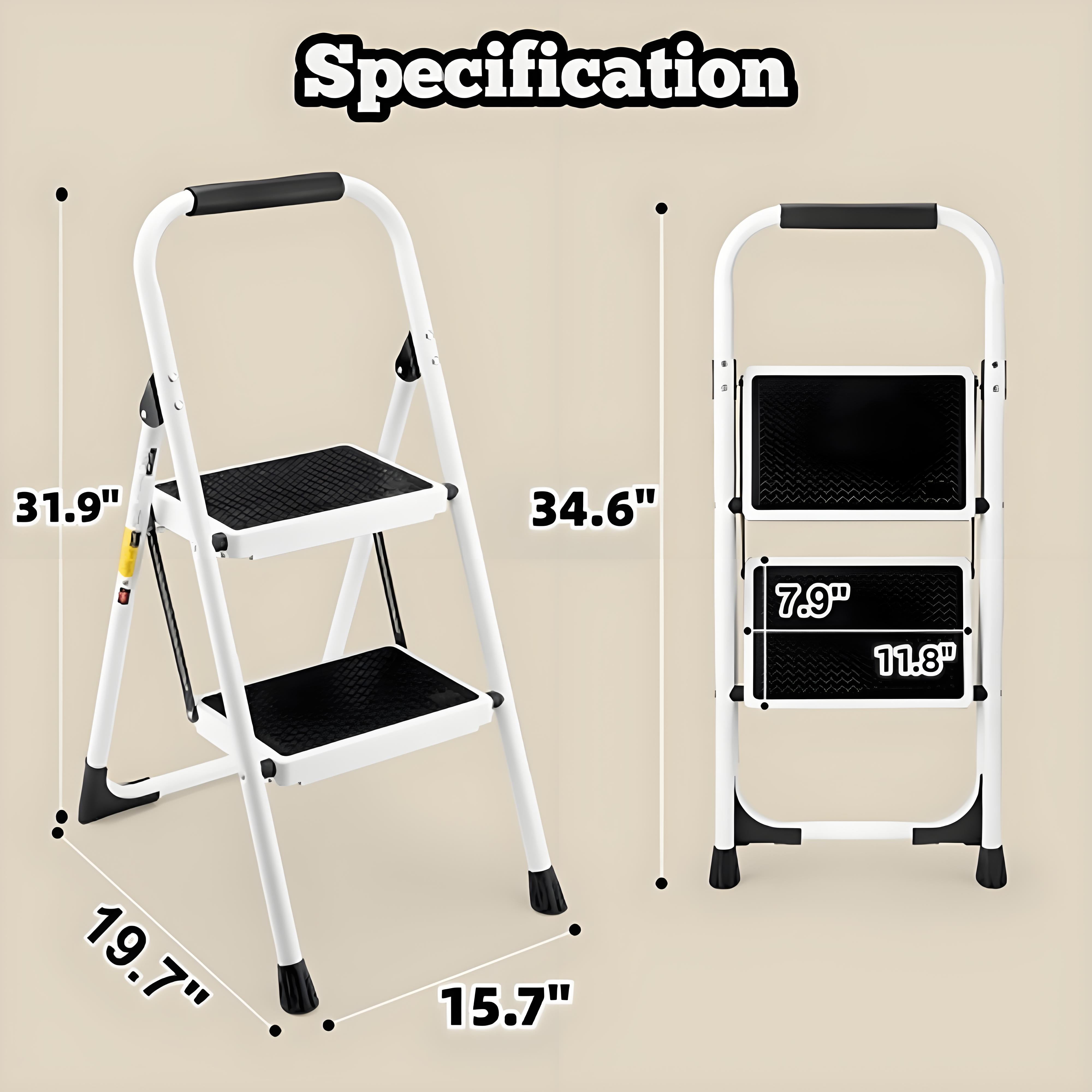 5-Step Foldable Step Ladder Stool with anti slip wide pedals, lightweight and easy to carry handle folding ladder, multi-purpose steel ladder for Kitchen, Household, 330LBS