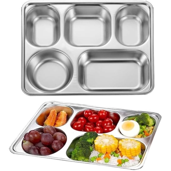 2 Pack Stainless Steel Divided Plates Tray, 5 Sections Rectangular Dinner Plates Control Plates, 11 x 8.7 x 1.7 inch