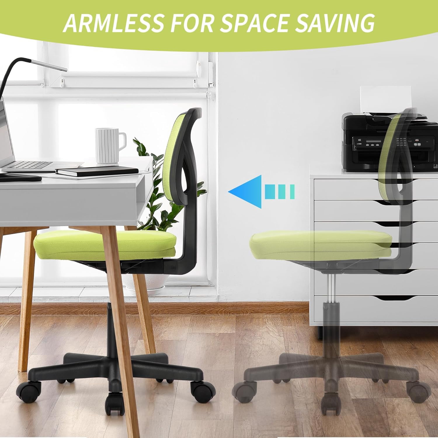 QUIOCOZY Armless Small Home Office Desk Chair, Ergonomic Low Back Computer Chair, Adjustable Rolling Swivel Task Chair with Lumbar Support for Small Space