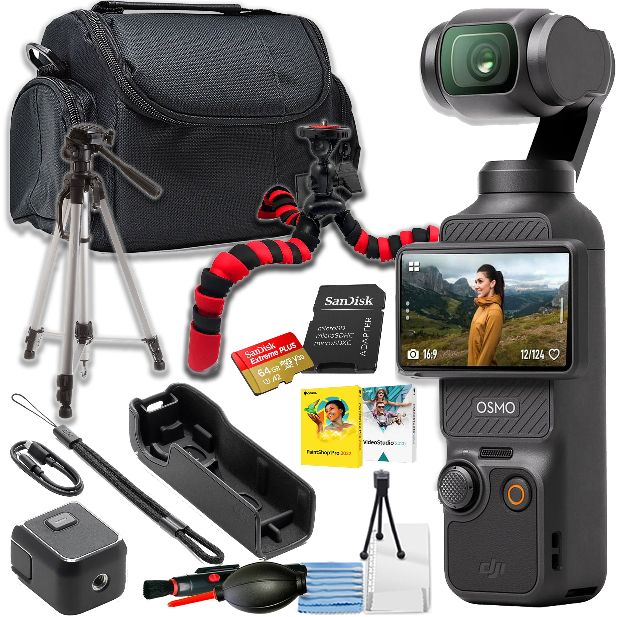DJI Osmo Pocket 3 Vlogging Camera with 1'' CMOS & 4K/120fps Video, 3-Axis Stabilization, Face/Object Tracking, 2" Rotatable Touchscreen Bundle with DJI Osmo Bag, Spider Tripod and Tripod