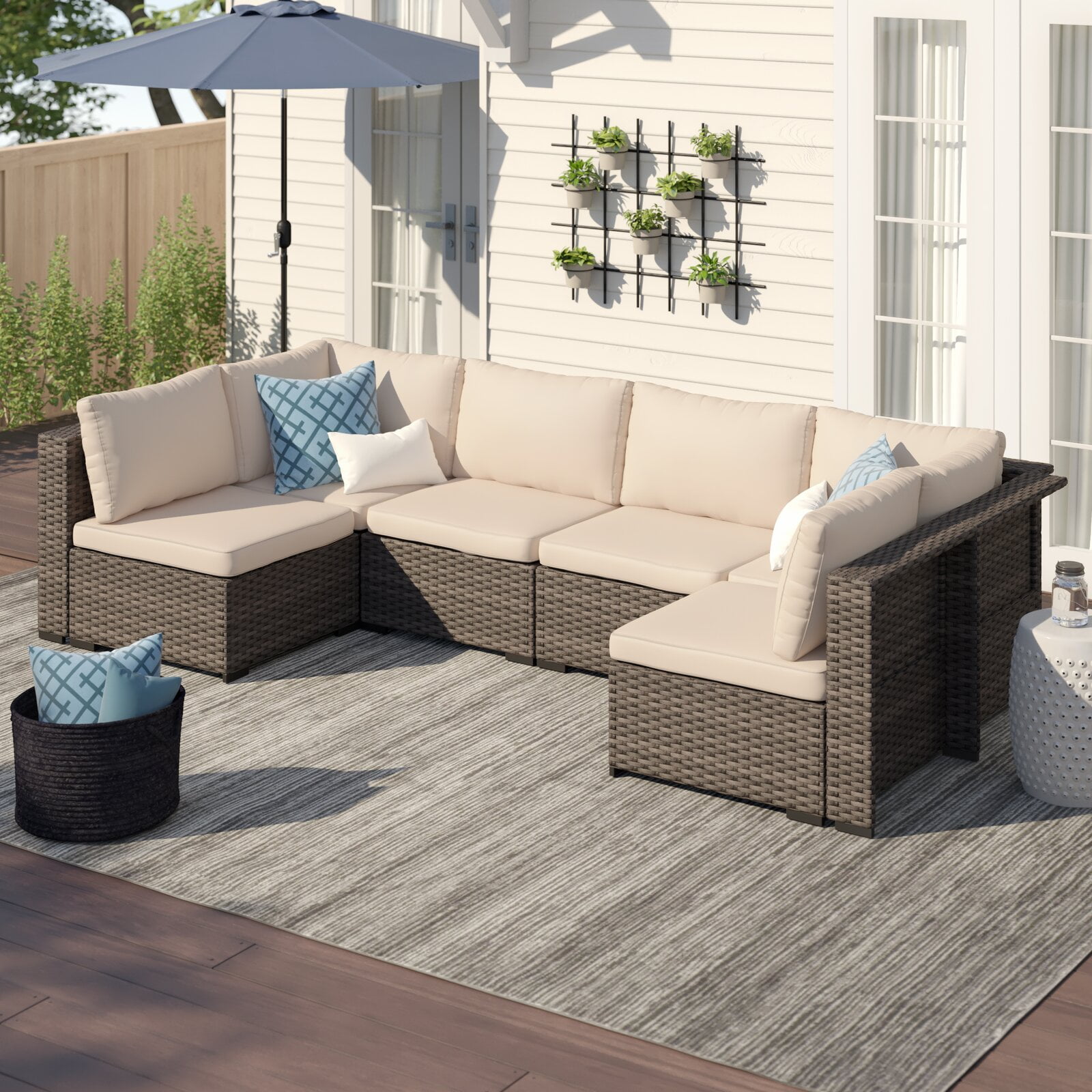 Holliston 3 piece rattan sectional seating group sale with cushions