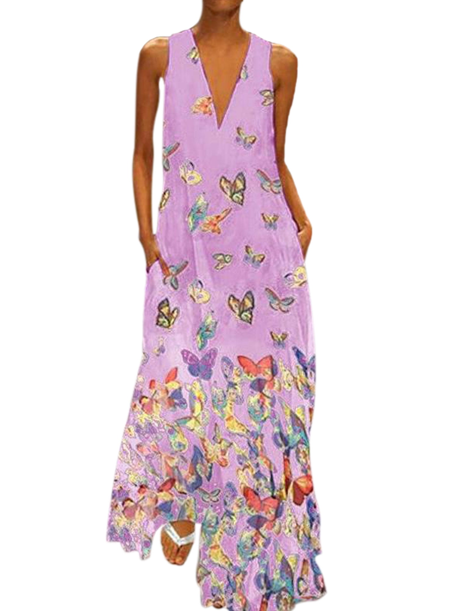 Plus Size Women Bohemia Dress Sleeveless Butterfly Print Summer Sexy V ...