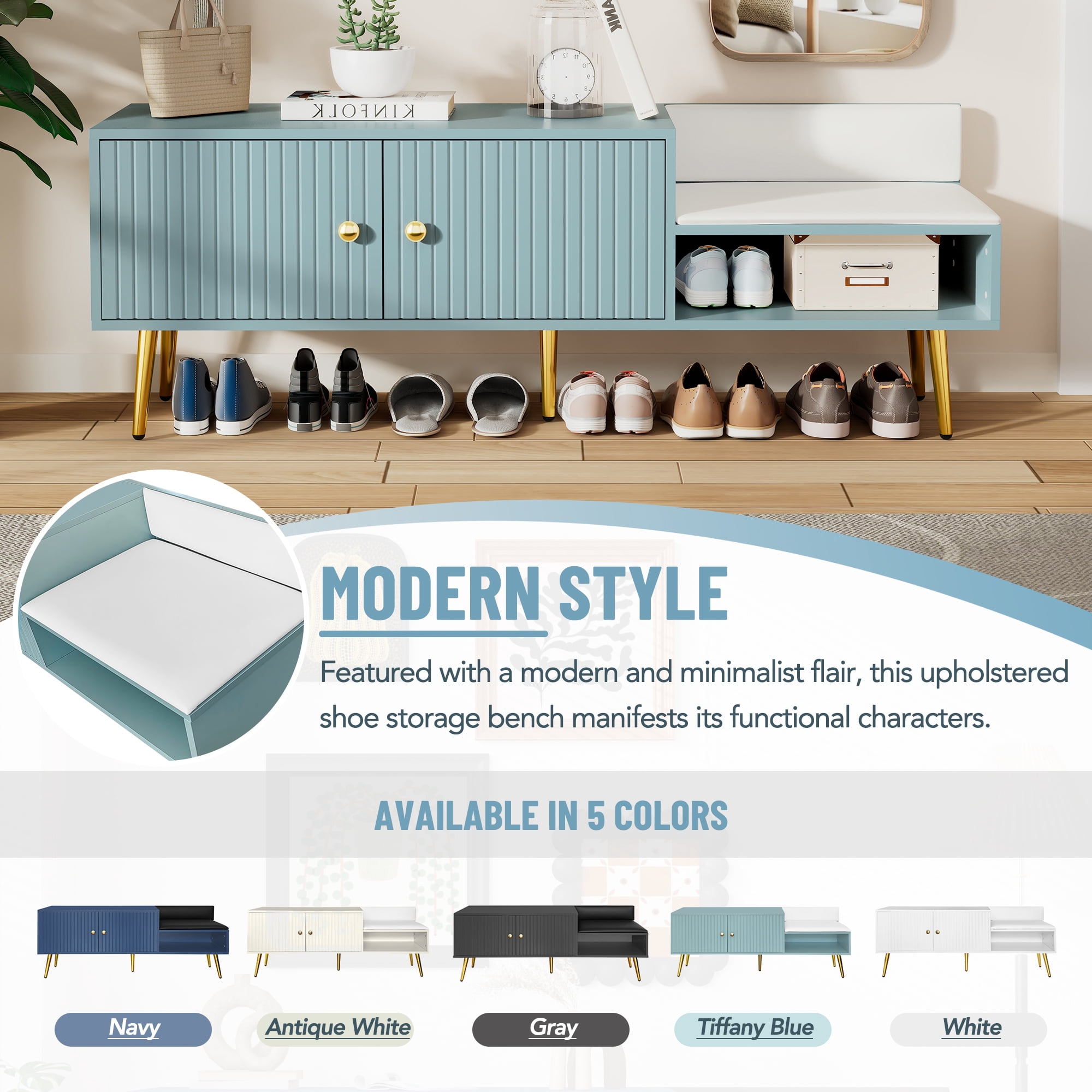 EUROCO 54.3" Shoe Storage Bench with2 Doors, Hidden Storage and Upholstered Seat Cushion,Modern Design Shoe Storage Hallway Shoe Cabinet Shoe Bench Slim Entryway Shoe Organizer for Entryway, Bedroom