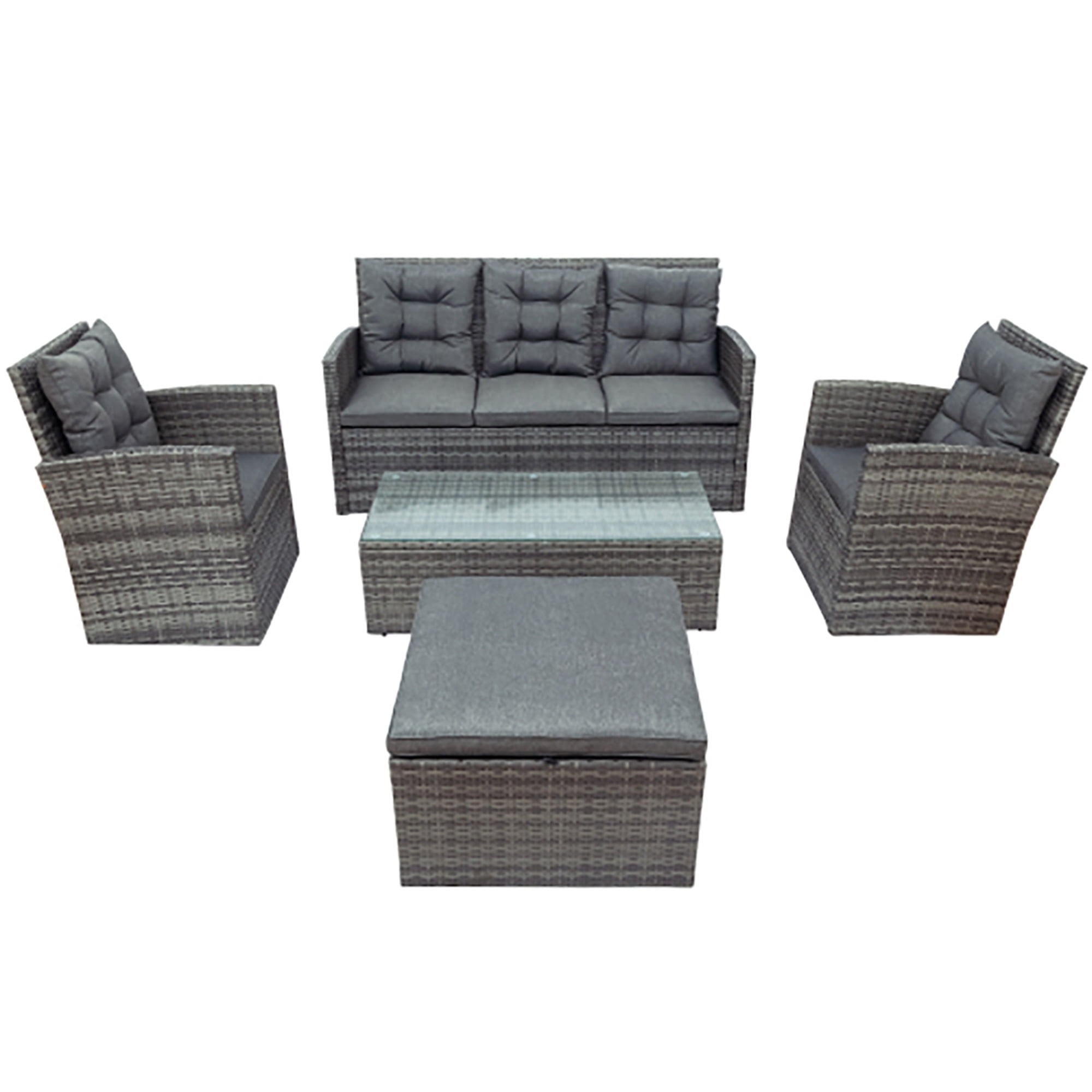 YYAo 7 Seating Outdoor Patio Furniture Sectional Sofa Set, All-Weather Couch with Glass Table, Ottomans for Backyard Porch Poolside with Storage Bench, Gray YYAo 7 Seating Outdoor Patio Furniture Sectional Sofa Set, All-Weather Couch with Glass Table, Ottomans for Backyard Porch Poolside with Storage Bench, Gray