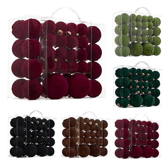 HomeDM 46PCS Velvet Christmas Balls Ornaments Wine Flocked Balls Christmas Tree Decorations Shatterproof Hanging Pendant for Xmas Tree Holiday Home Decor
