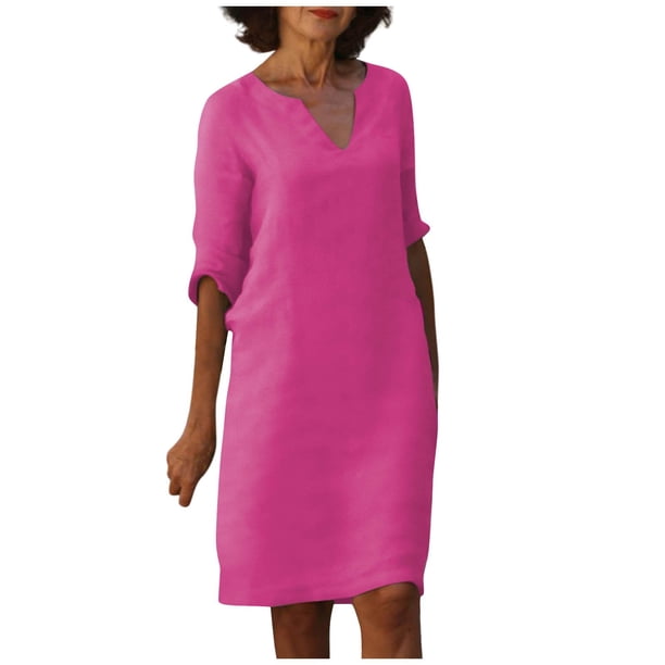 Vestido de Media manga con cuello en V de lino de algodón sólido retro Verano SCZ rosa fuerte 3xl