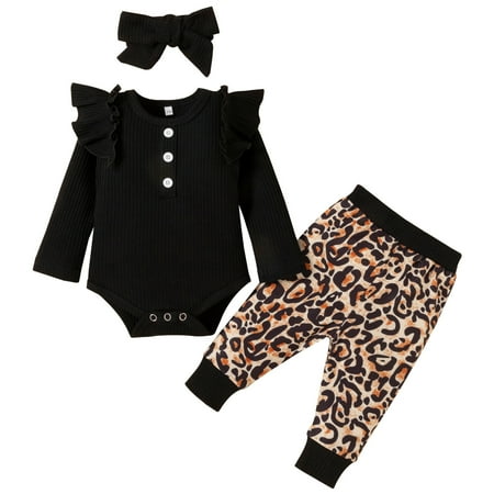 

Baby Girls Ruffle Ribbed Long Sleeve Romper Bodysuit Tops Leopard Printed Pants Outfits Clothes Sets