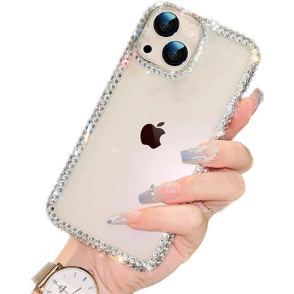 for iPhone 15 Plus Case Glitter Sparkle Bling Case Luxury Cute Crystal Rhinestone Diamond Clear Protective Cases Cover with Camera Protector for iPhone 15 Plus 6.7" (Silver)