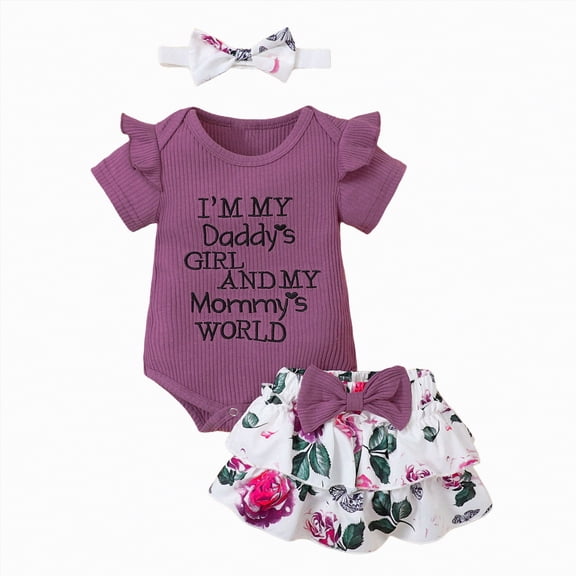 TOWED22 Baby Girl Printed Clothing Outfits Romper Bodysuit Shorts Set with Headband Purple,6-9 M