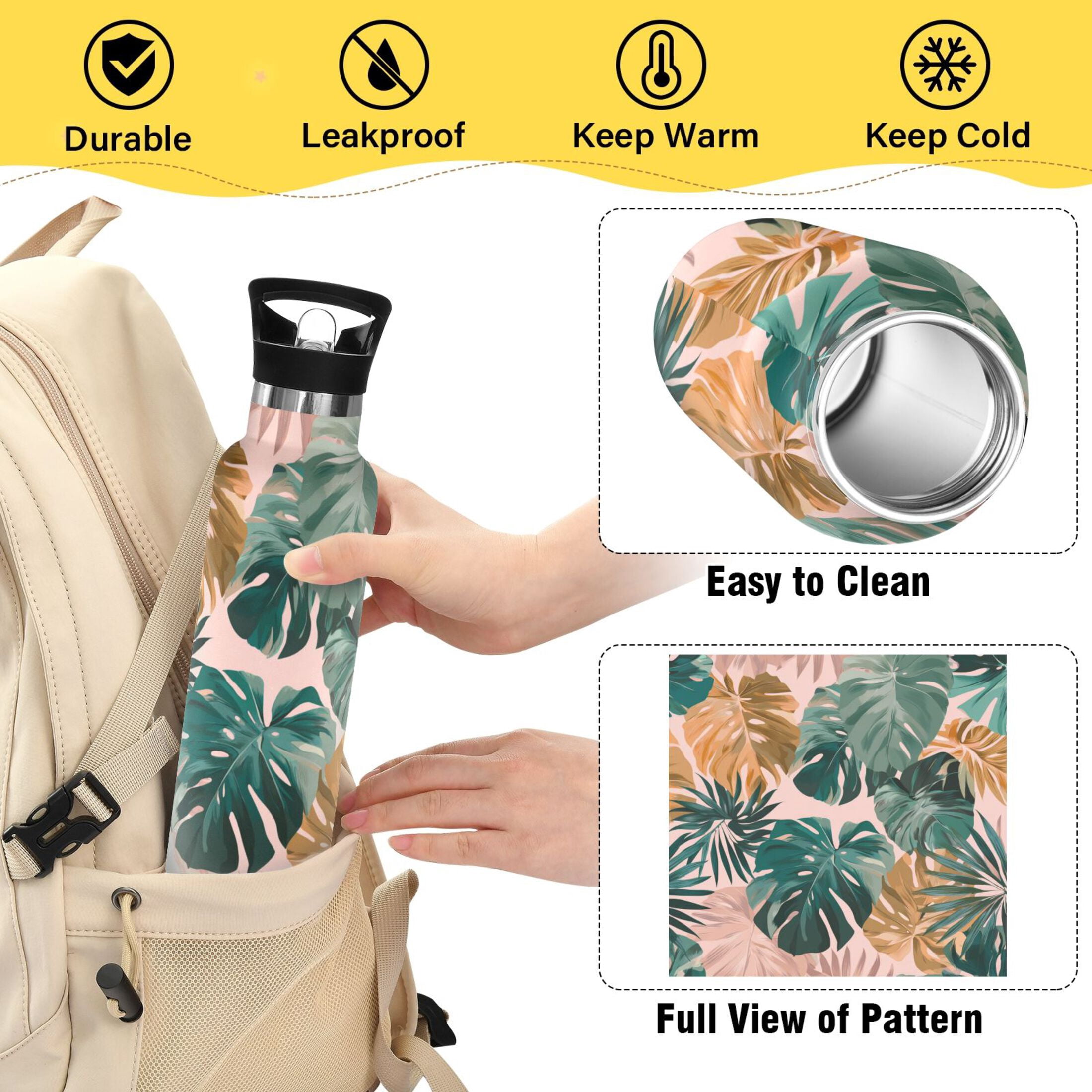 Kids Insulated Stainless Steel Sports Water Bottle 600ml (20oz) Abstract Tropical Leaves Pattern