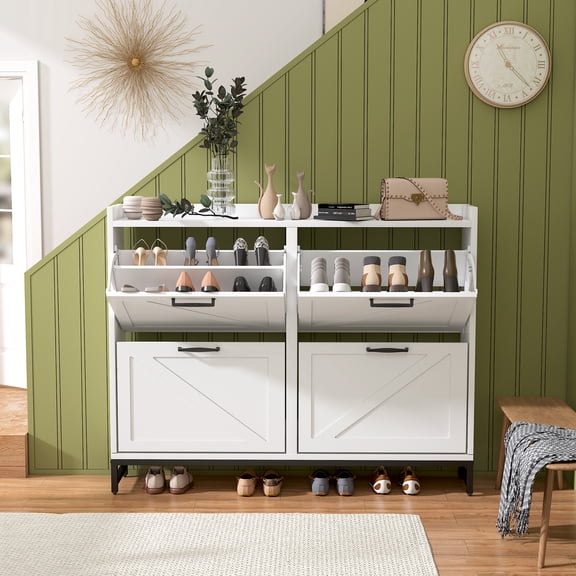 Wooden Shoe Cabinet with 4 Flip Drawers, Narrow Hidden Closed Shoe Rack Storage Organizer with Adjustable Shelf, Freestanding Shoe Cabinet Storage for Entryway, Hallway, Living Room (Linen White)