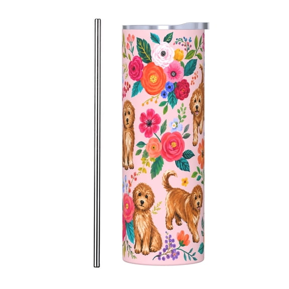 20oz Floral Doodle Dog Insulated Tumbler with Handle and Straw Cute Puppy Travel Cup Gift for Dog Lovers with Stainless Steel Straw