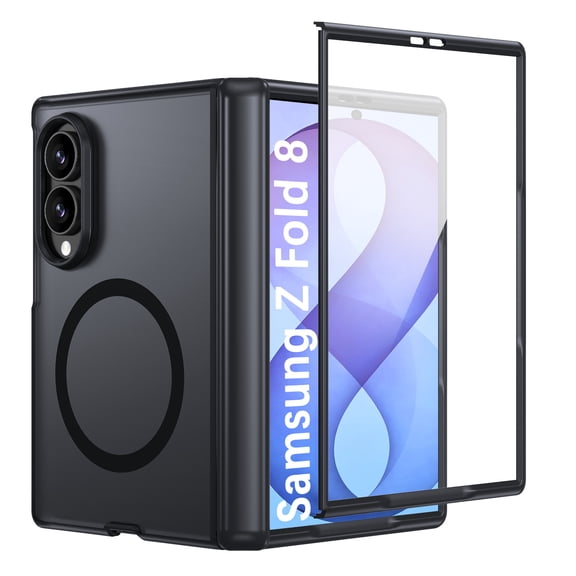 DUEDUE Magnetic Case with Screen & Hinge Protection for Samsung Galaxy Z Fold 8, Frosted Translucent Slim Shockproof Cover with Tempered Glass Screen Protector, Black