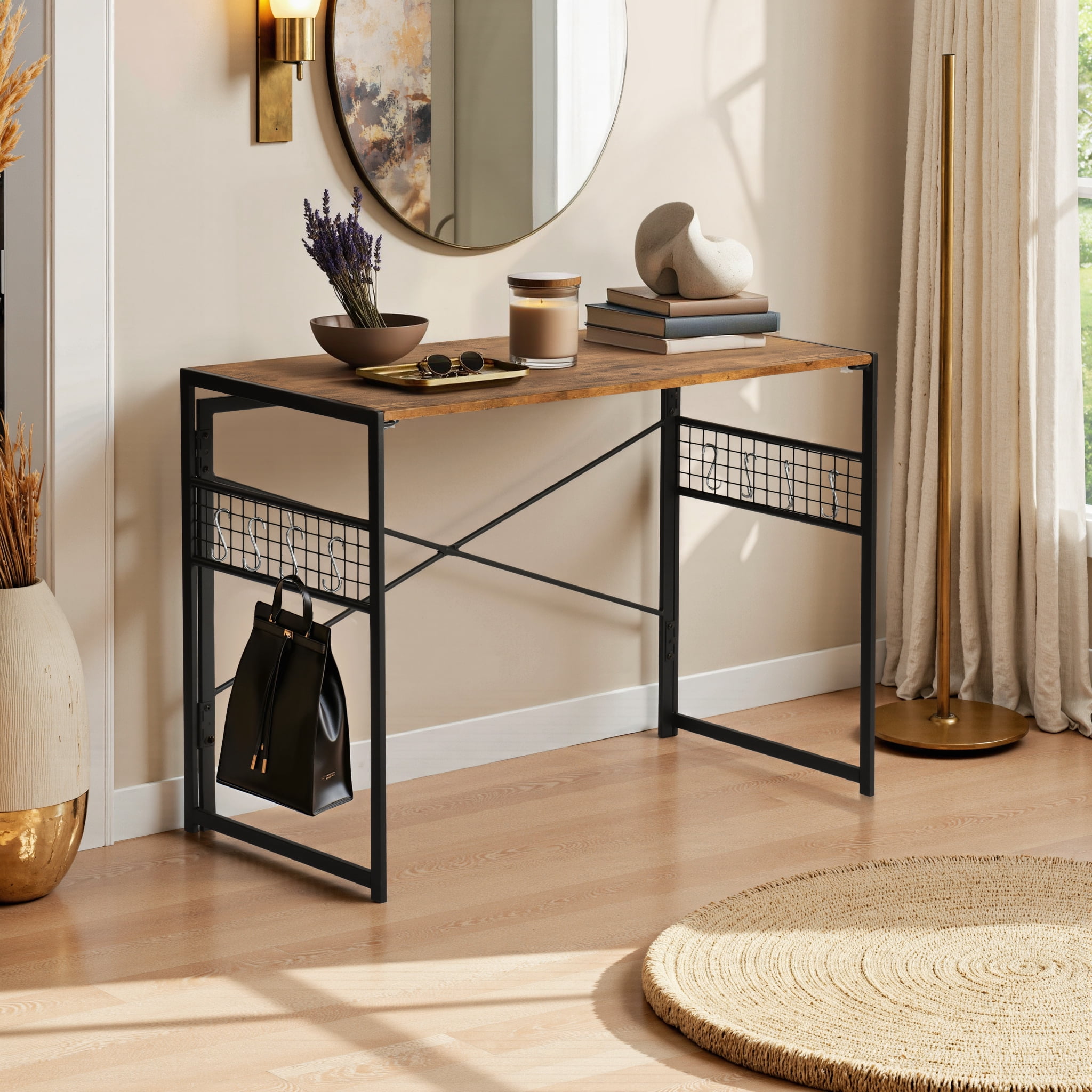 Homy Casa 39.4" Folding Table with Hooks and Grid Storage, Rustic Brown Desktop with Black Metal Frame