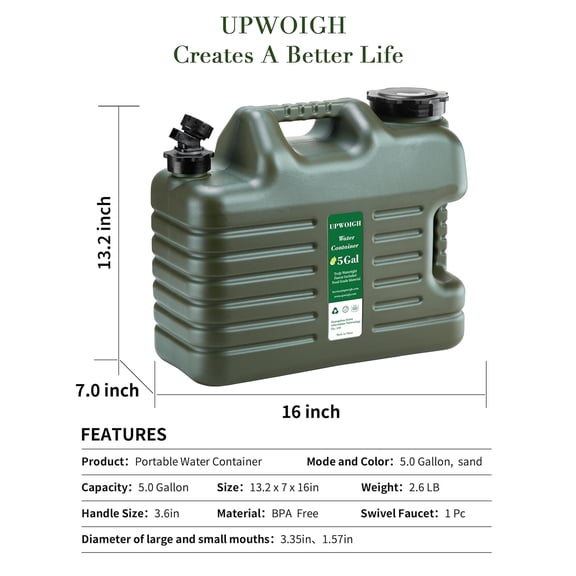 5 Gallon Water Jug with Spigot, Leak-Proof Outdoor Water Container, Military Green for Camping Hiking