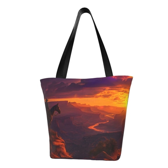 Fotbe Sunset Valley Western Cowboy Pattern Beach Tote,Shoulder Handbag,Spacious Tote Bag,Lightweight Travel Bag,Versatile Shopping Bag