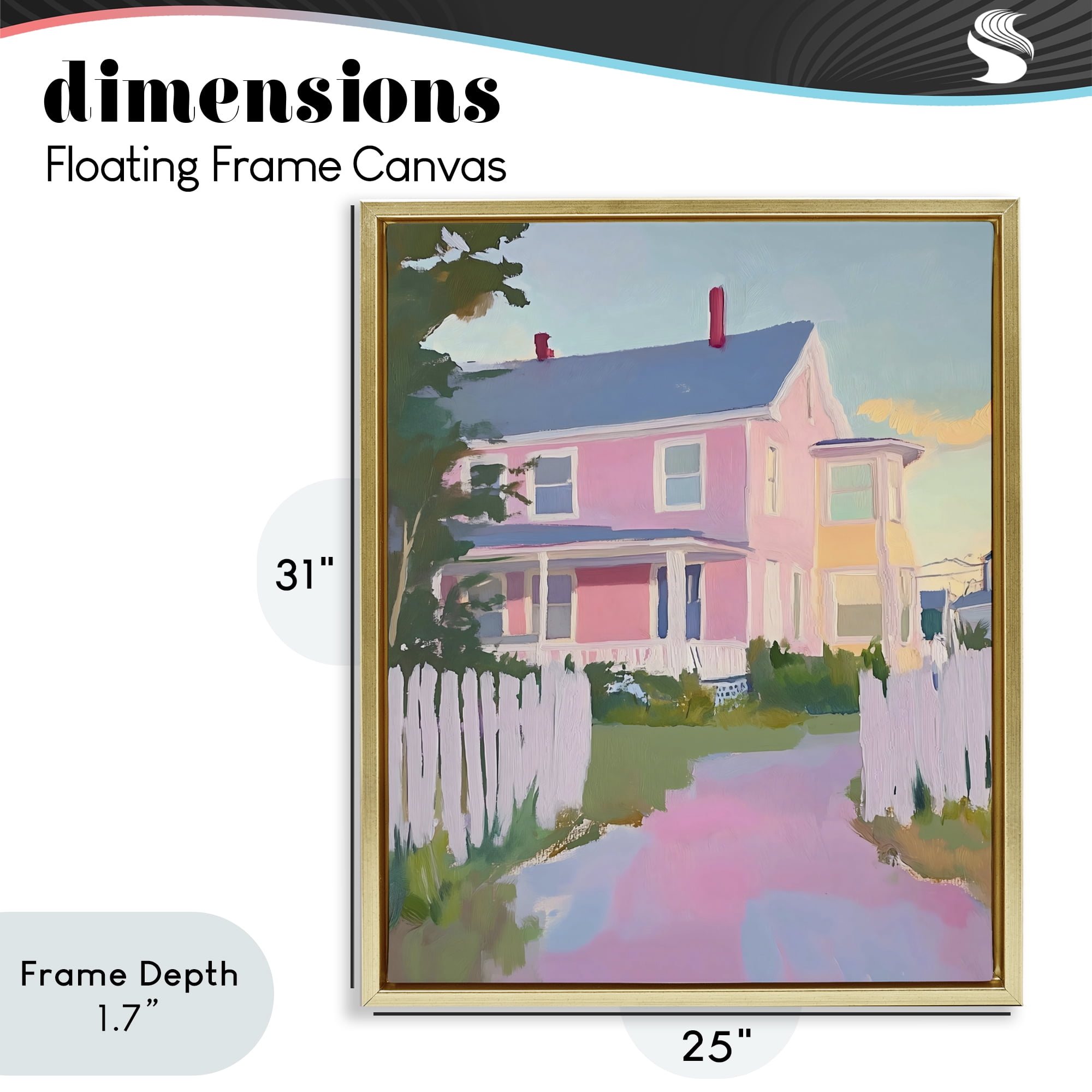 Stupell Industries Pastel Pink House with Fence Gold Framed Floater Canvas Wall Art, design by The Prints Vibe