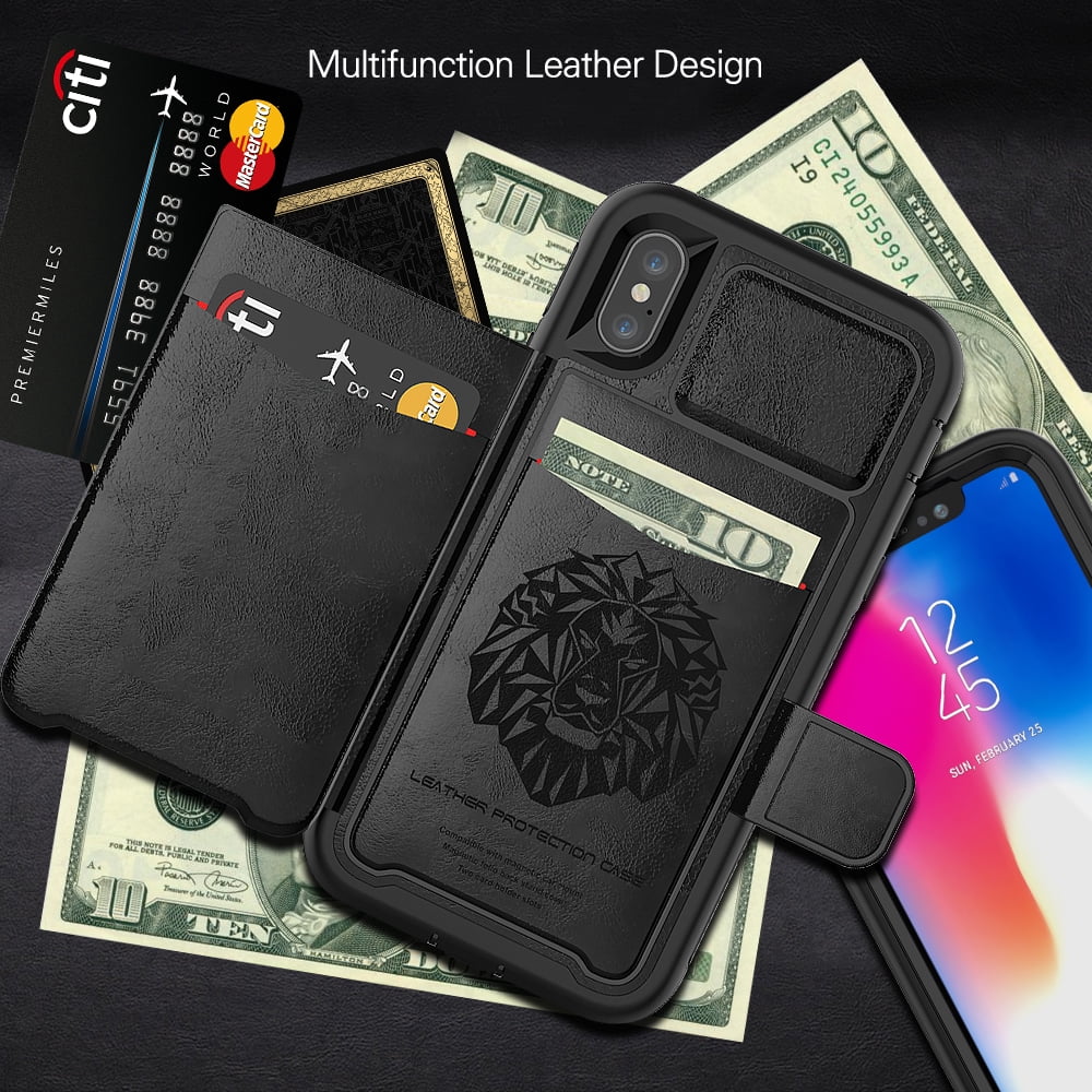 BUNDLE: Kona Vegan Leather Folio Wallet Case (Black) & Selfie Stick Mini Tripod (White) for Apple iPhone XS / X - Kickstand, Card Slots, Car Mount Compatible, Magnetic Closure