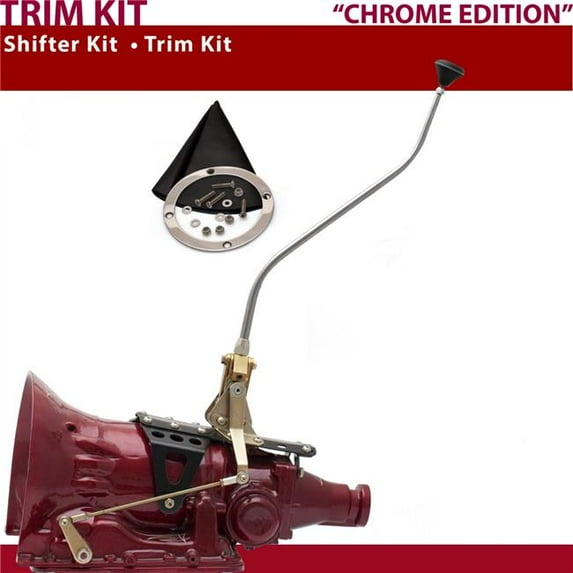 American Shifter TH400 Shifter Kit Chrome 23 in. Swan Trim Kit Push Button Black Boot Ringed Knob for DE8E6