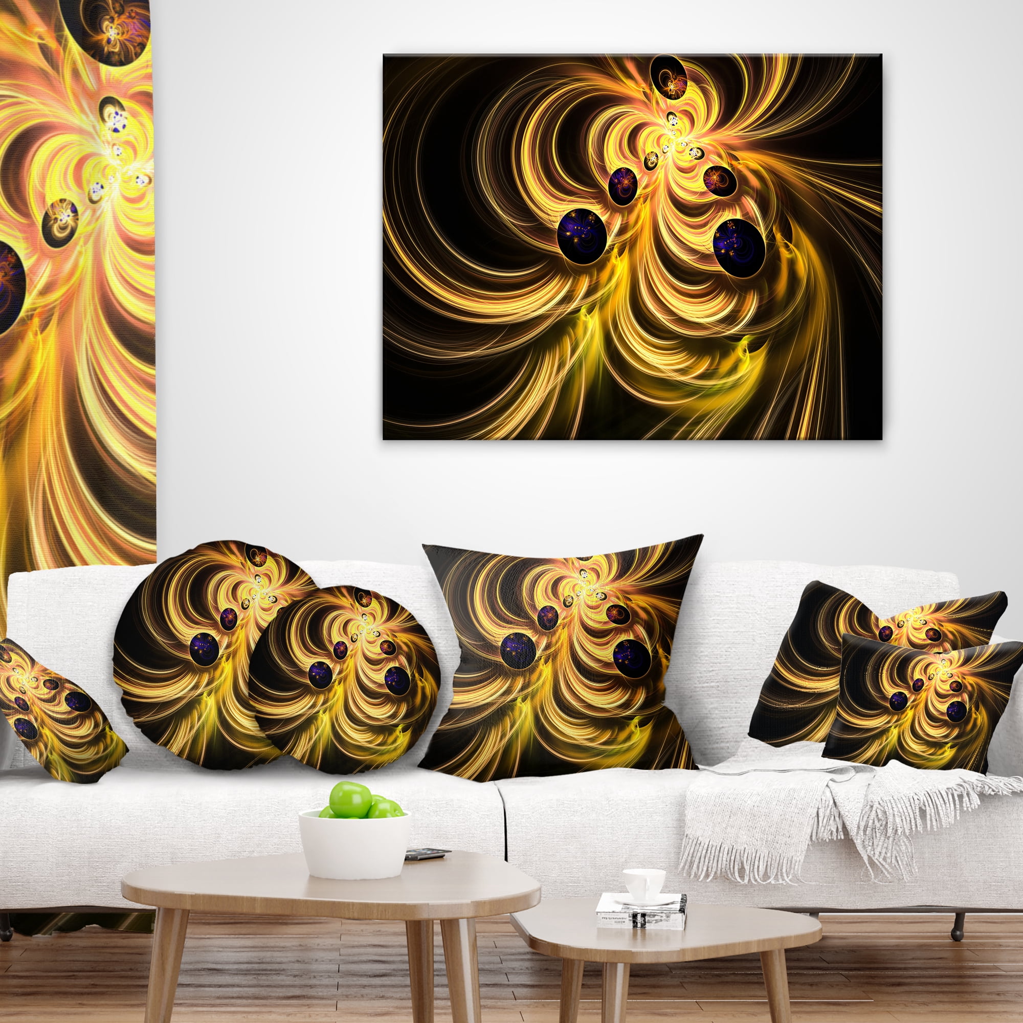 Designart Yellow Fractal Flames - Contemporary Throw Pillow - 18x18