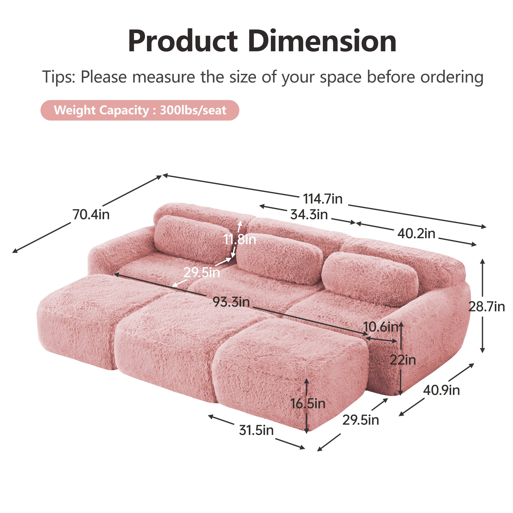 Wakefit 114" Modular Sectional Sofa, Boneless Couche 3 Seater Deep Seat Compressed Sofa, No Assembly Required, Soft Fluffy Plush Fabric, Cloud Comfy Sofa Set, Pink