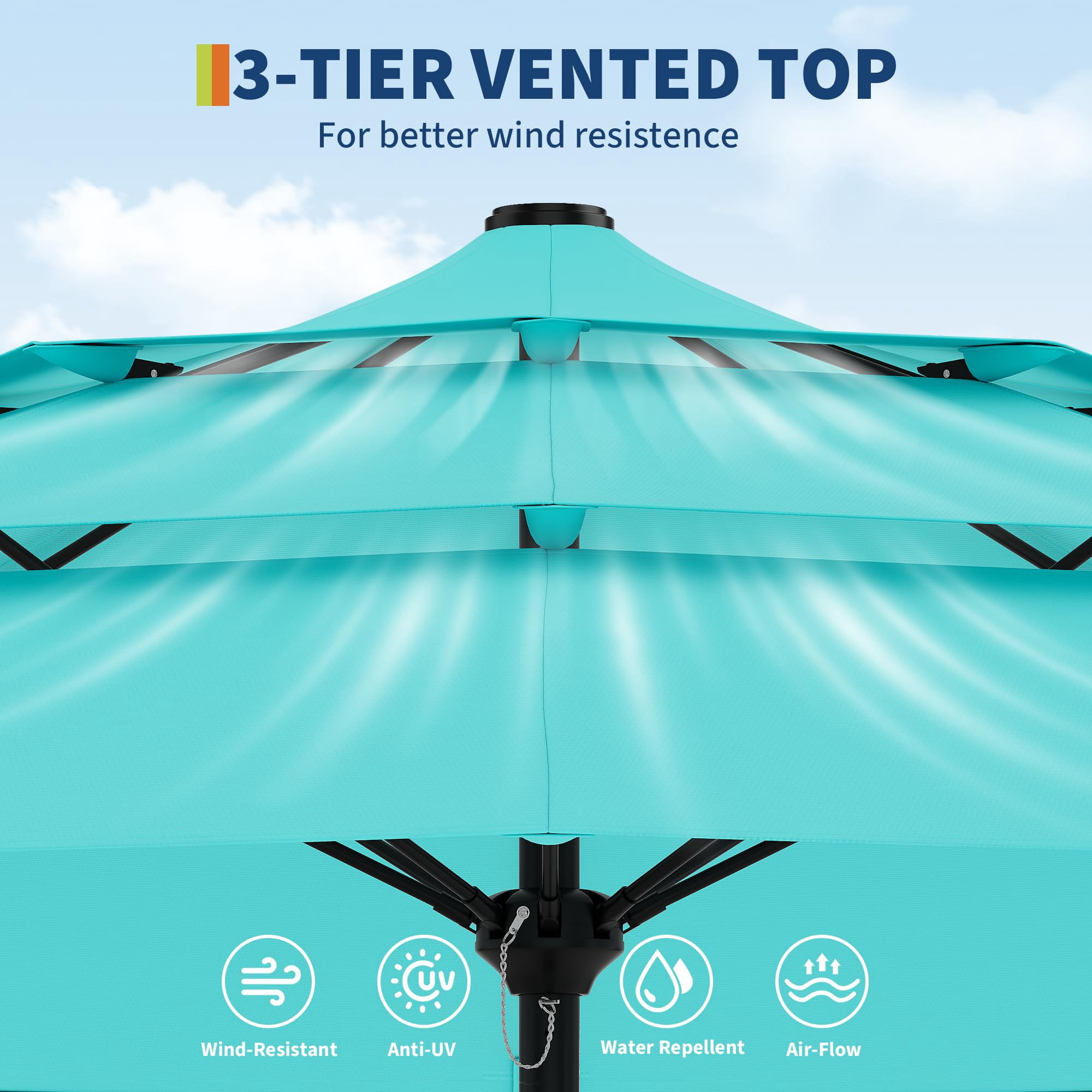 Memoryfield 9FT Outdoor 3-Tier Vented Market Table Umbrella, Heavy-Duty Patio Umbrella with 8 Ribs, Hand Crank & Ventilation, Blue