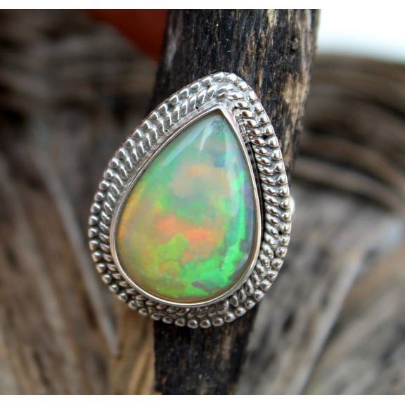Natural Ethiopian Opal Multi Fire Ring Gemstone on sterling silver 925 Birthstone Ring