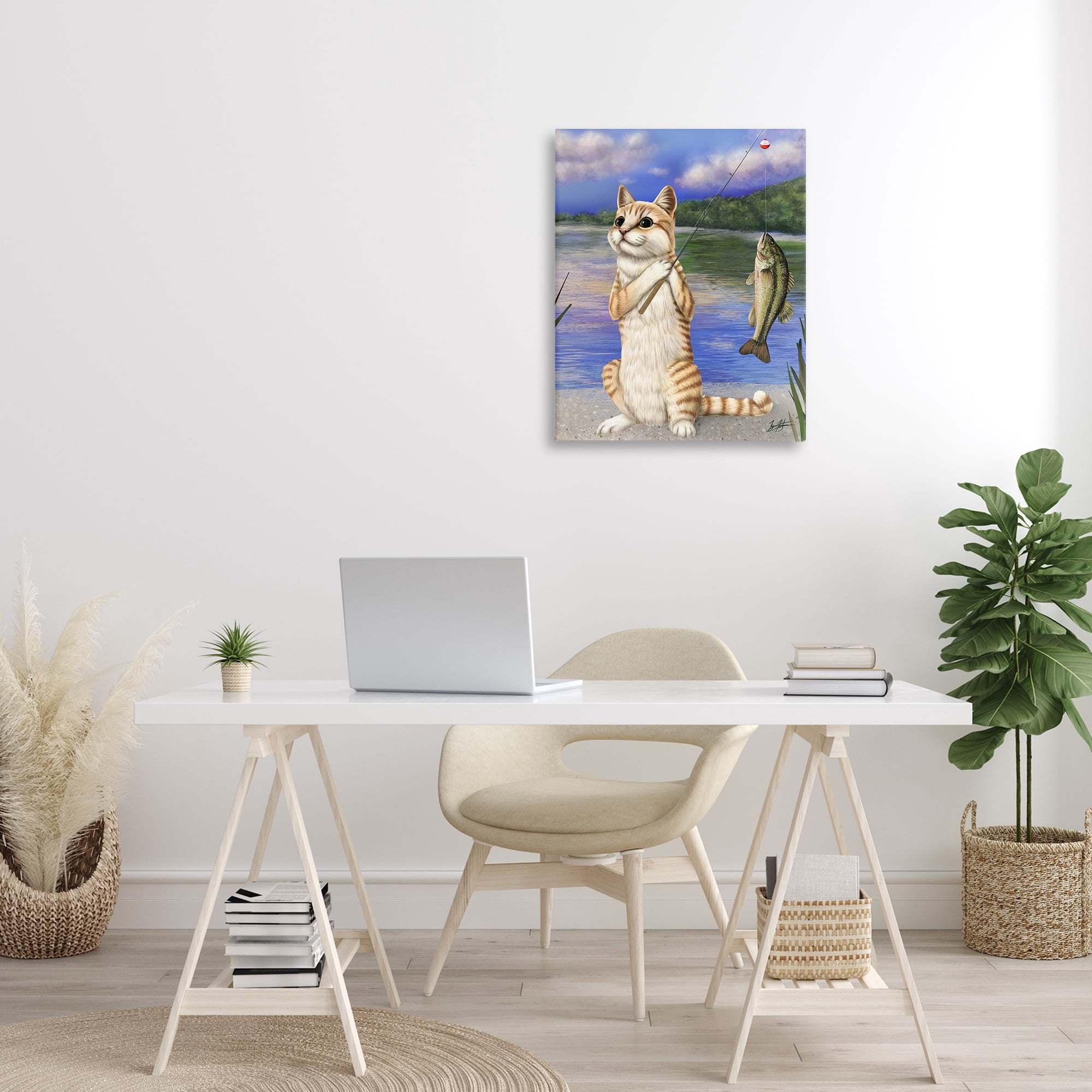 Stupell Industries Fishing Cat by Lake Animals & Insects Painting Gallery Wrapped Canvas Art Print Wall Art, 24 x 30