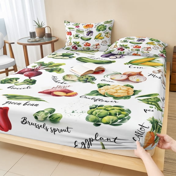 King Size Fitted Sheet Set - Vegetables 3 Piece Bedding Sets 16" Deep Pocket Fitted Sheet with 2 Pillowcases, Watercolor Farmhouse Fruits Brushed Microfiber Hotel Luxury Bed Sheets