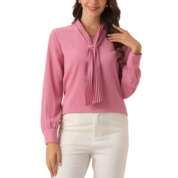 INSPIRAR CHIC Blusas de Manga Larga para Mujeres Chifón Plisado con Lazo Cuello Top Camisa M Rosa Polvoriento