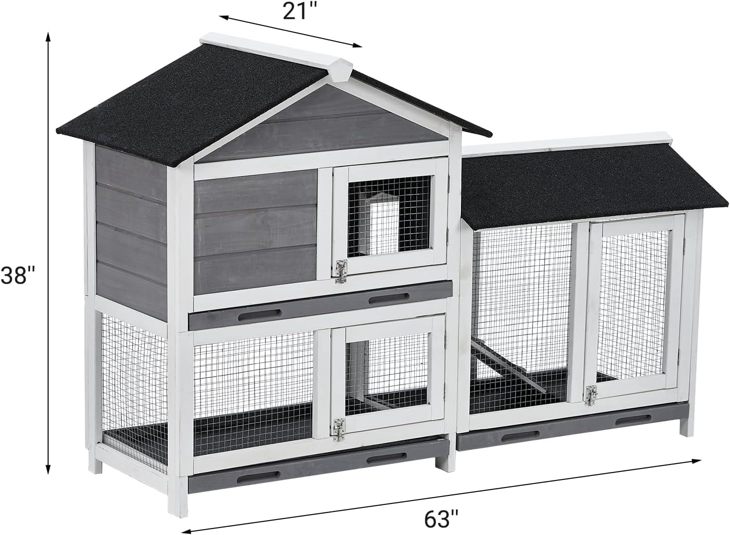 63" Two-Tier Bunny Hutch with Adjustable Design, Waterproof Roof & 3 Leak-Proof Trays – Indoor/Outdoor Wooden Rabbit Hutch and Chicken Coop, Eco-Friendly Painted Fir Wood