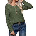 thumbnail image 3 of Women Solid Color Casual Loose Crew Neck Long Sleeve Cable Knit Chunky Pullover Short Sweater with Buttons Green XL, 3 of 7