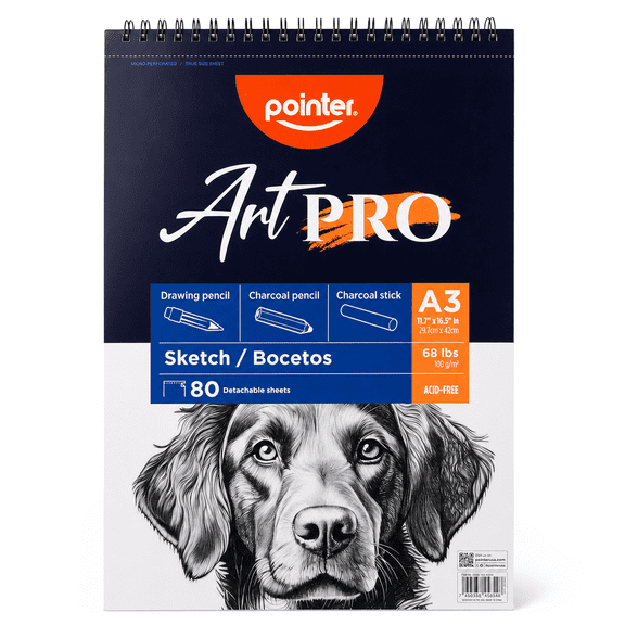 Pointer Art PRO Sketch Pad, A3 (11.7"x16.5"), 68lb (100Gsm), 80 Sheets, Spiral Bound