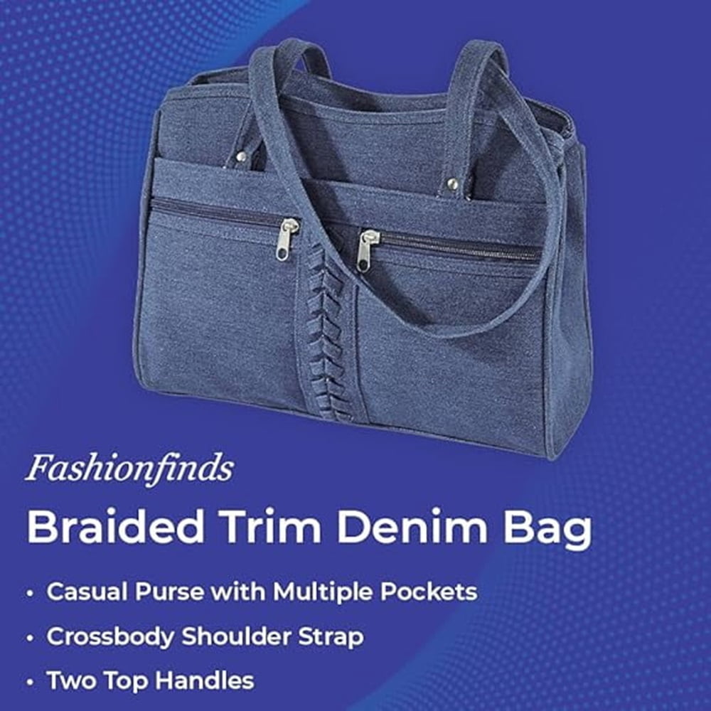 Braided Trim Denim Bag, Soft Jean Handbag for Women, Casual Purse with Multiple Pockets, Crossbody Shoulder Strap, Two Top Handles