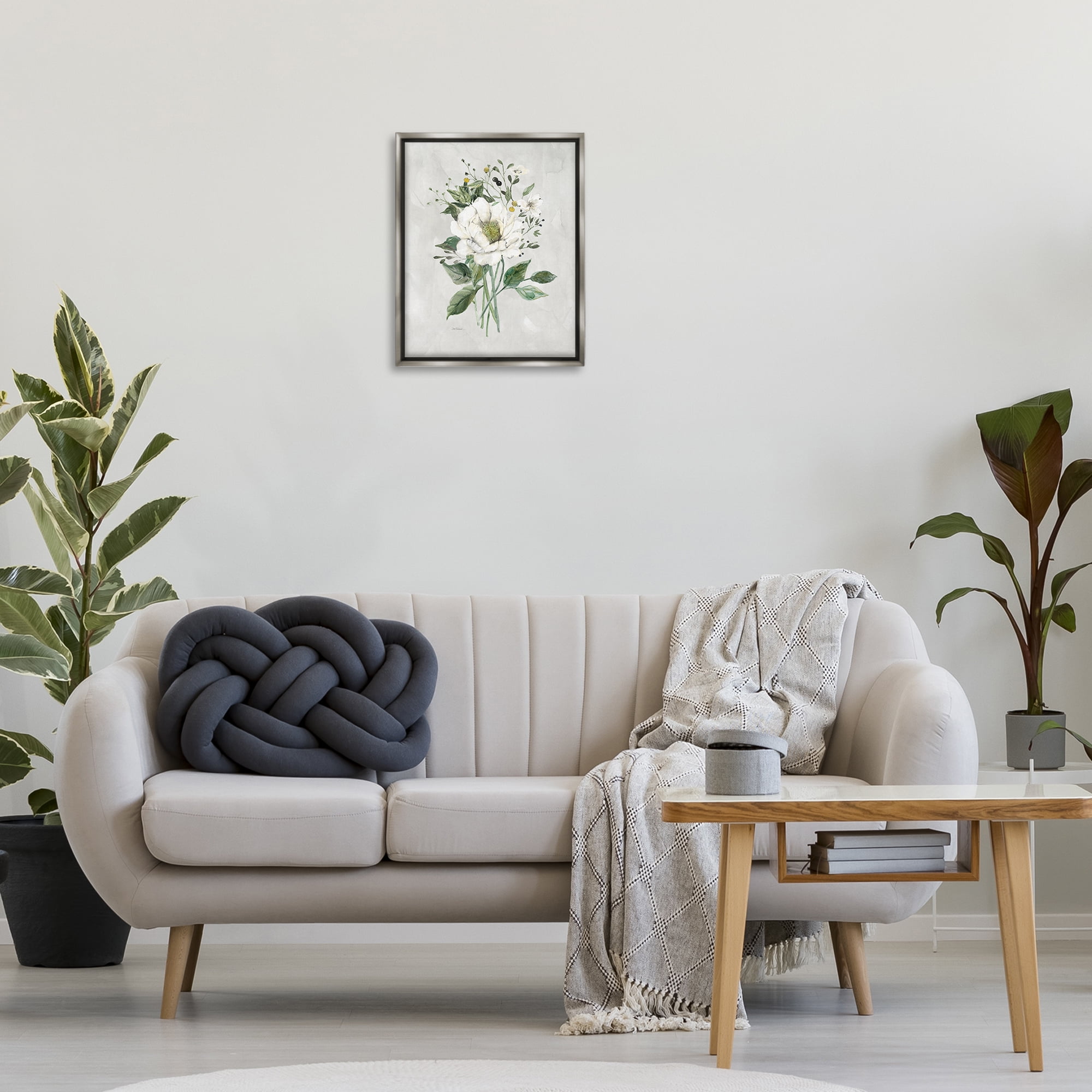 Stupell Industries White Flower Bundle Plants & Flowers Painting Gray Floater Framed Canvas Art Print Wall Art, 17 x 21