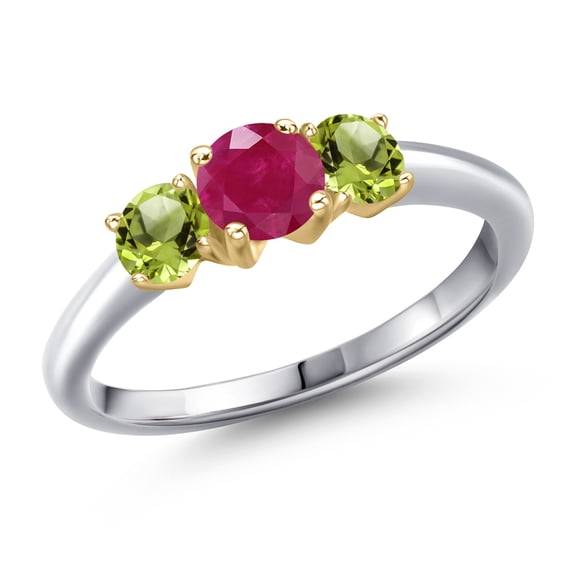 Gem Stone King 925 Silver and 10K Yellow Gold Red Ruby and Green Peridot Engagement Ring for Women | 1.15 Cttw | Round 5MM | Gemstone July Birthstone | Size 6