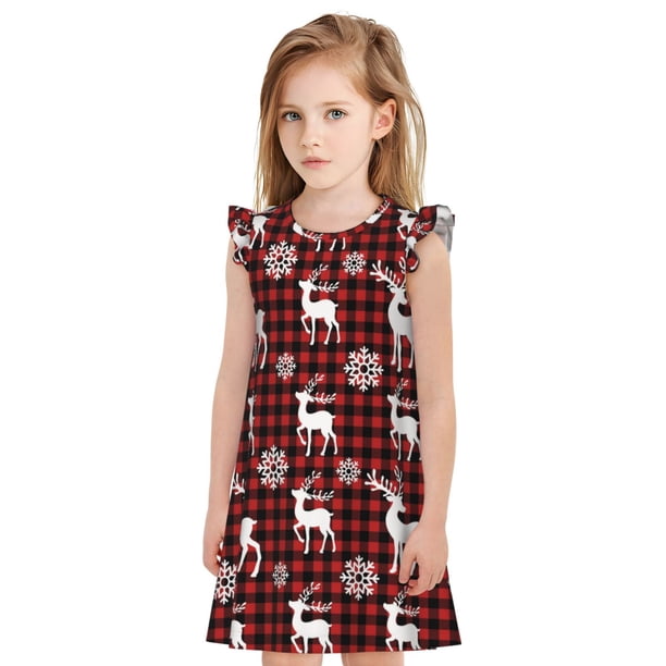 Balery Plaid Reindeer Snowflakes Camisón de princesa para niñas, pijama de algodón con mangas abullonadas, suave y bonito.-XX-Large