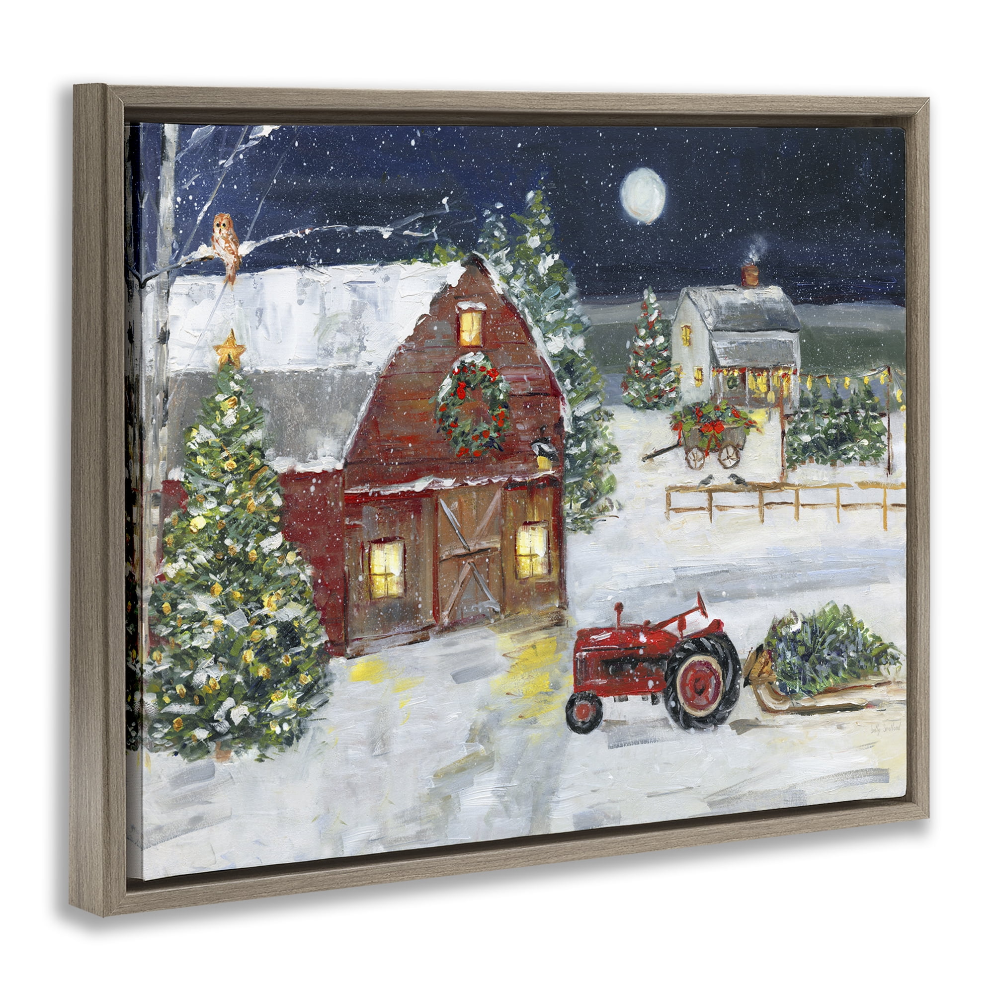 Stupell Industries Snowy Farm & Tractor Holiday Painting Brown Floater Framed Canvas Art Prints Wall Art, 31 x 25