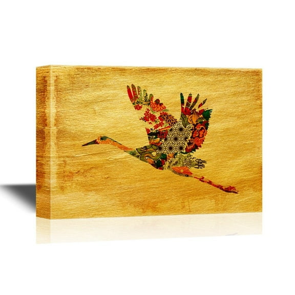 wall26 - Japanese Culture Canvas Wall Art - A Flying Crane with Japanese Style Pattern - Gallery Wrap Modern Home Art | Ready to Hang - 16x24 inches