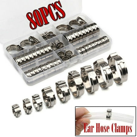 

ELECTRAPICK 80Pcs Single Ear Hose Clamps Stainless Steel Stepless Cinch Crimp Rings Assortment Kit