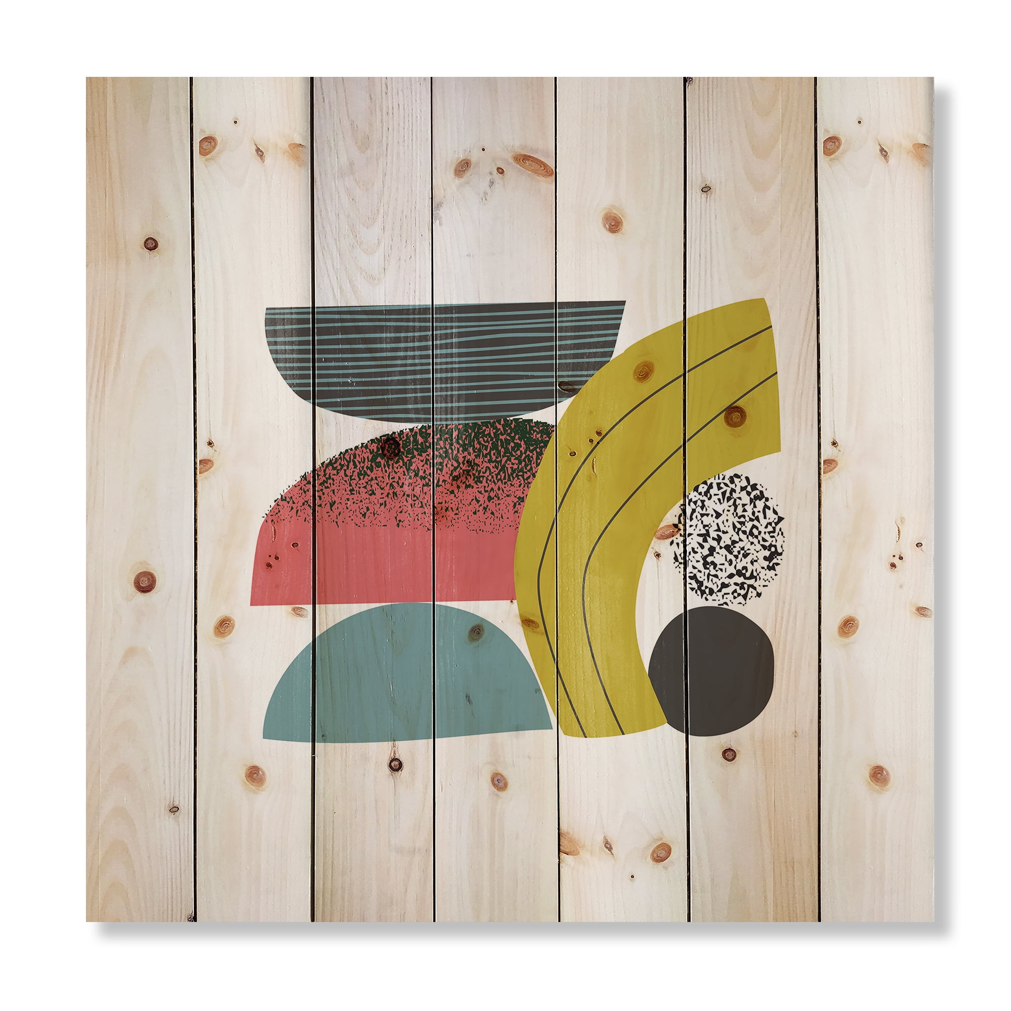 Designart 'Abstract Colorful Geometric Art Collage II' Modern Print on Natural Pine Wood