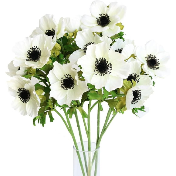 shiyou-5pcs Artificial Anemone Full Blooming Flower Bushes with Green Foliage for Mother's Day or Decoration for Home, Restaurant, Office & Wedding (White)