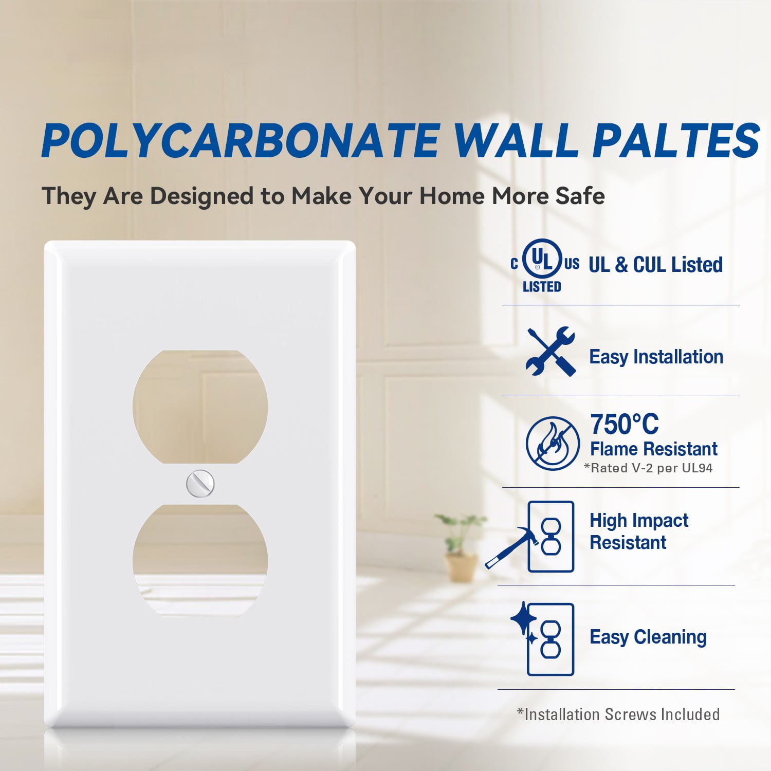 Hyper Tough White Duplex Wall Plate, Impact-Resistant Thermoplastic Mid-Size Cover with Screws