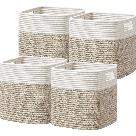 Set of 4 Storage Cubes-11 X 10.5 X 10.5 In, Cotton Rope Basket for Shelves, Toys, Book, Cube Storage Bin with Handles, Woven Storage Basket for Organizing, White/Brown